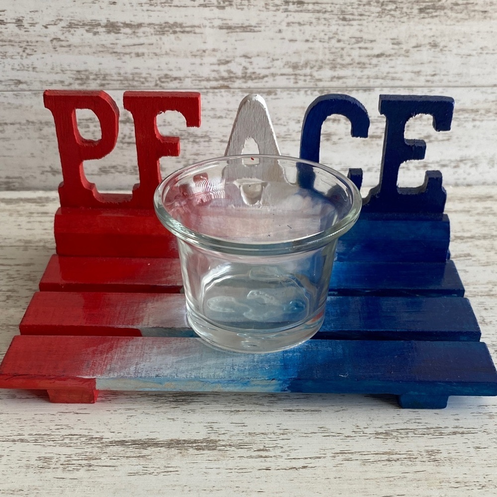 Patriotic Peace Wooden Votive Candle Holder Rustic 4th of July